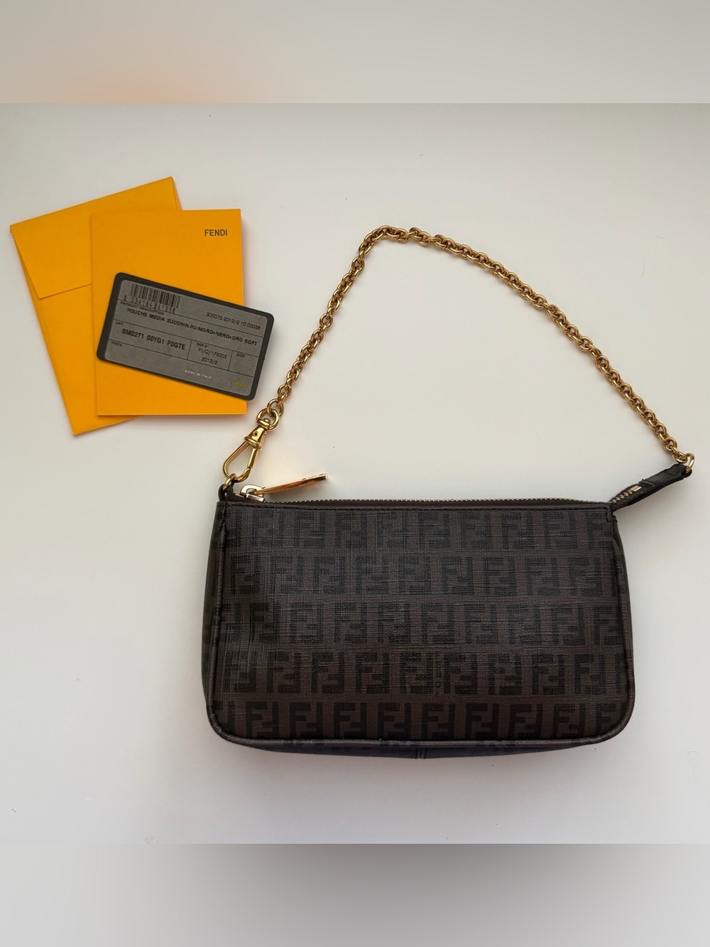 Fendi Dark Brown FF Logo Mini Shoulder Bag with Gold Chain